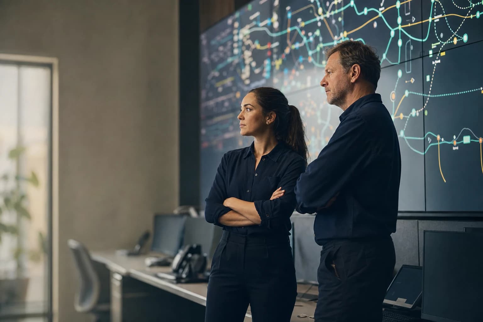 Two engineers in a quiet operations control room watching a wall of monitors displaying abstract pipeline diagrams