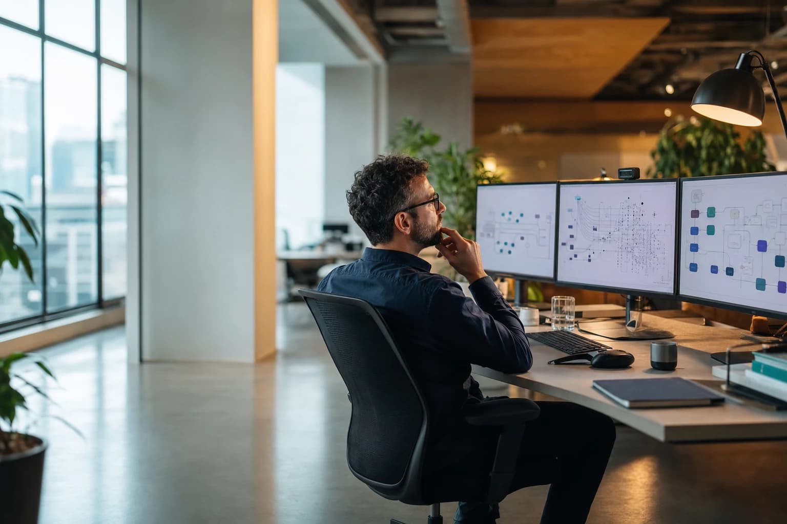 Senior data engineer at a multi-monitor desk reviewing data architecture diagrams in a modern Sydney engineering office
