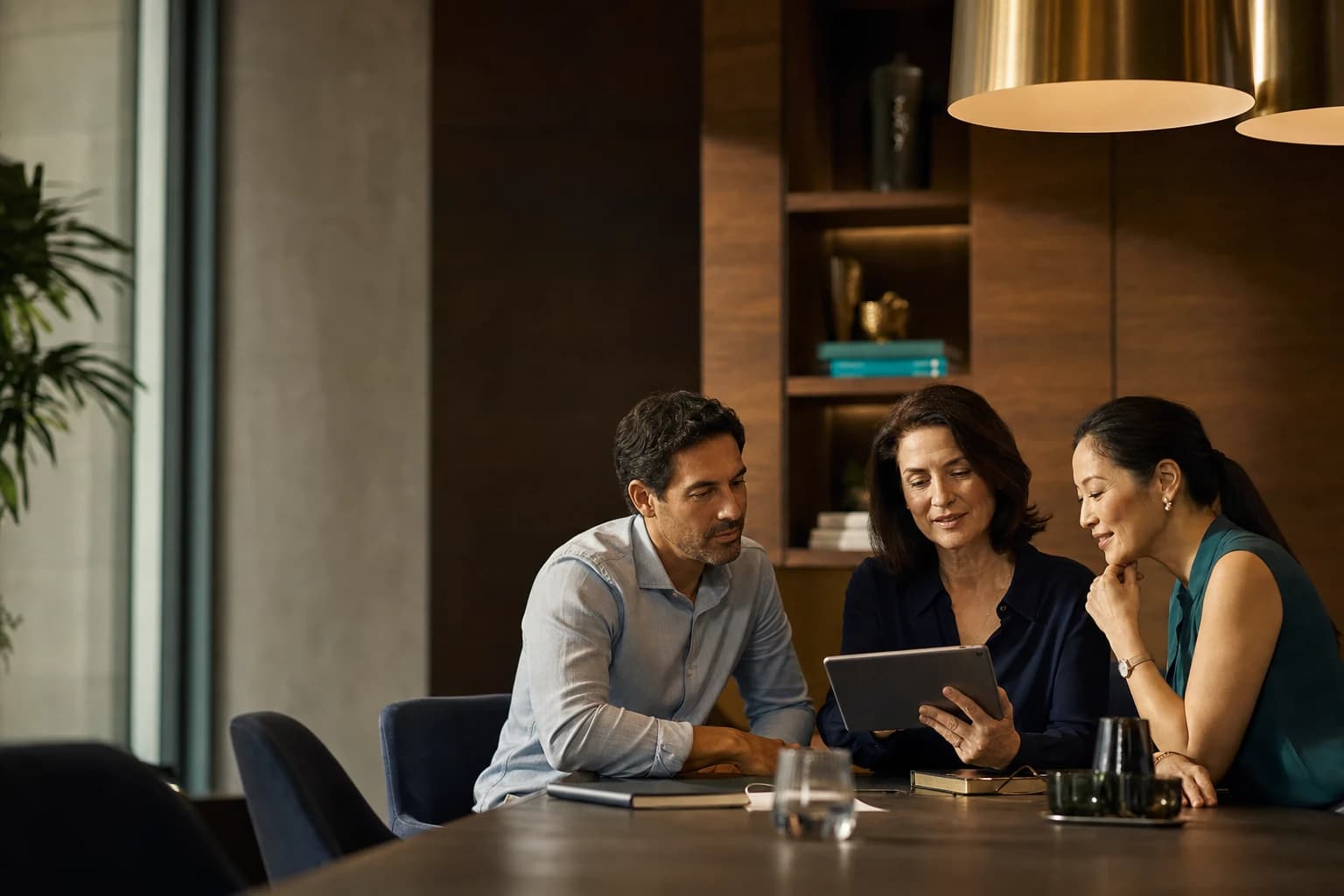 Senior leadership trio in a modern executive meeting room reviewing content on a tablet